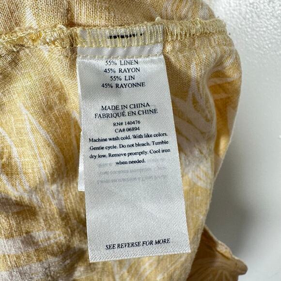 Faherty Dress Hana Linen Palm Sun Sundress Short Sleeve Collared Yellow White M - Picture 5 of 10